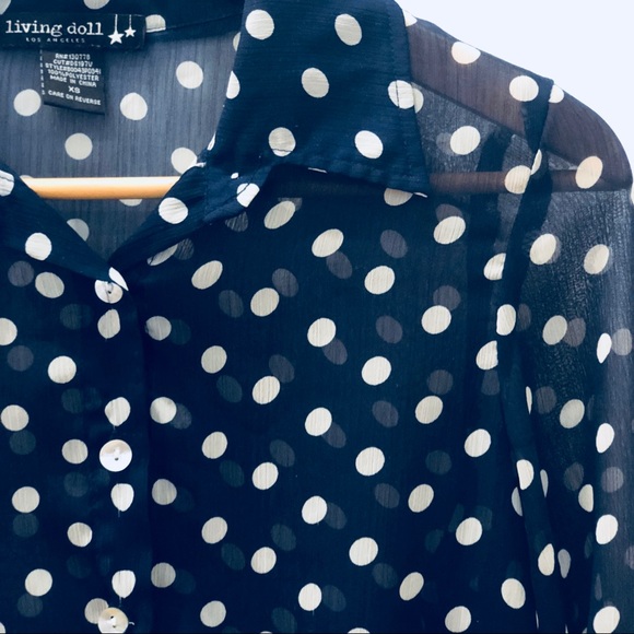 Like New Tie Front Hi Low Polka Dot Sheer Blouse - Blue & White Top in XS - Picture 3 of 8